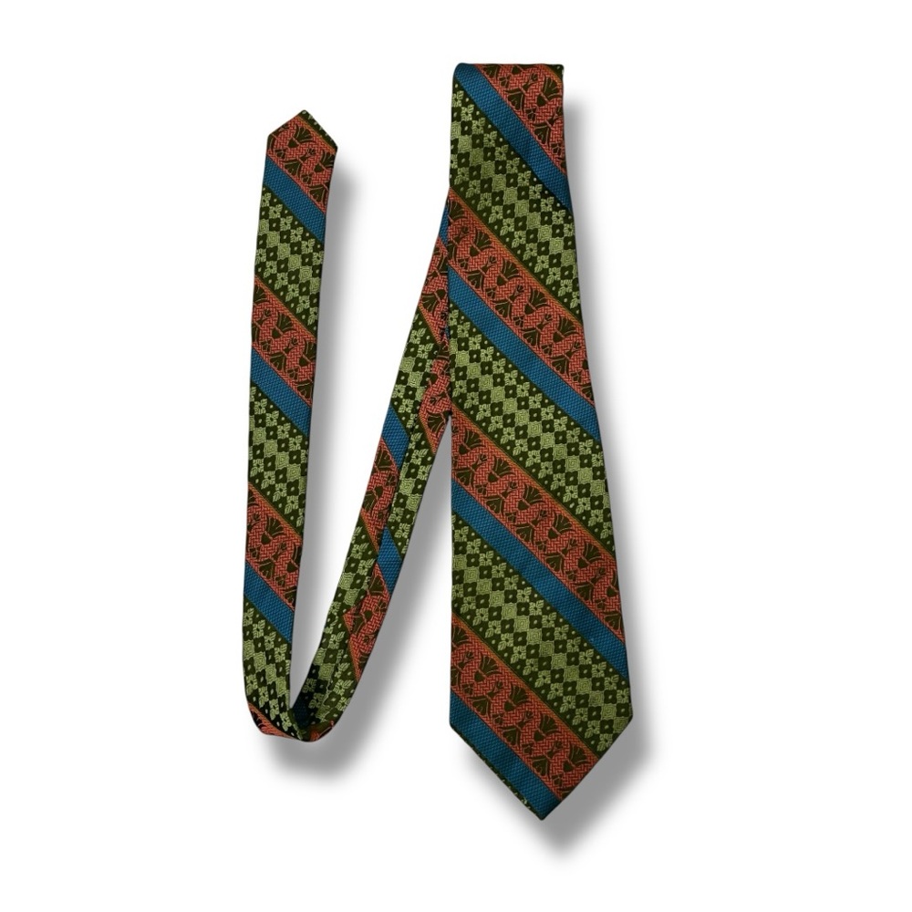Vintage tie in a geometric pattern of green blue orange & brown hues